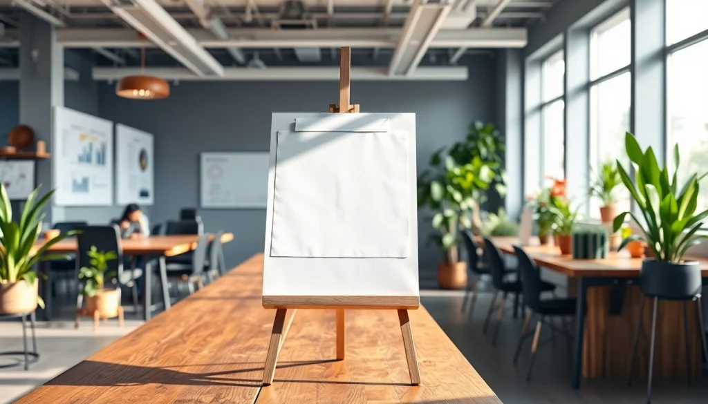 Utilisation du chevaletdeconference.fr pour une présentation inspirante dans un bureau moderne.