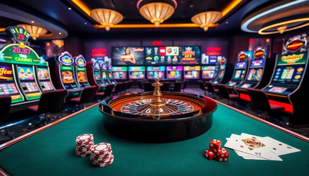 Experience the excitement of RR88 Casino with vibrant roulette tables and slot machines.