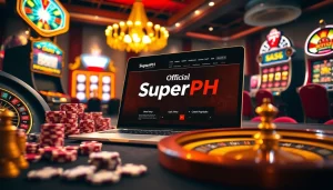 The Official SuperPH website shines on a laptop amidst vibrant gambling elements, emphasizing online gaming excitement.
