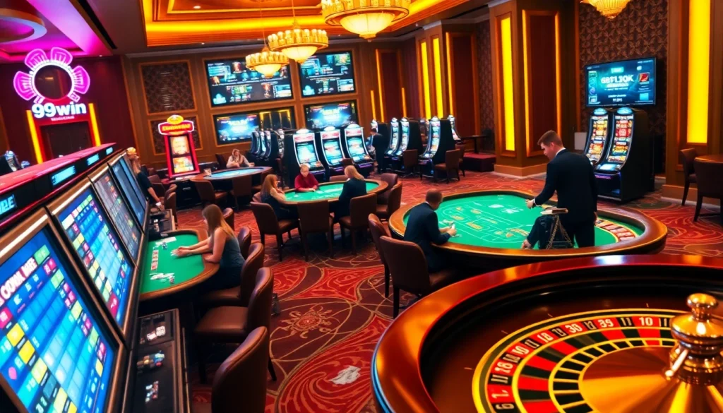 Experience the thrill of 99win at an elegant casino featuring poker tables and vibrant slot machines.