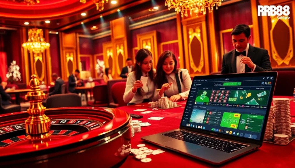 Experience the excitement of online betting at Trang Chủ RR88 with a dynamic casino scene featuring roulette and poker.