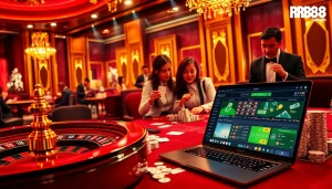 Experience the excitement of online betting at Trang Chủ RR88 with a dynamic casino scene featuring roulette and poker.