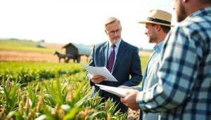 Consulting an agricultural law professional amidst vibrant farm scenery to emphasize legal agricultural expertise.