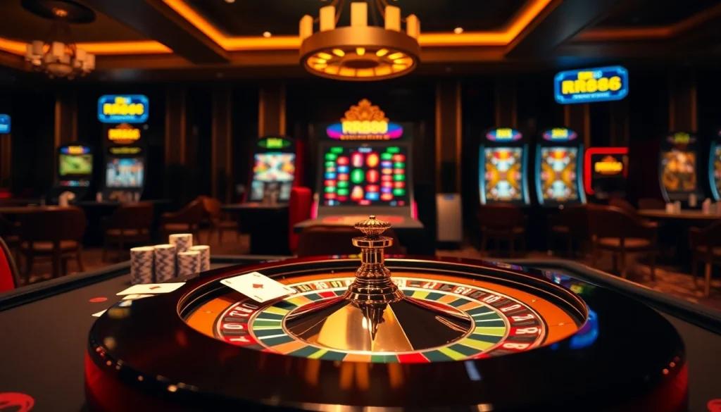 Experience thrilling gameplay at RR88 with vibrant poker tables and exciting slot machines.