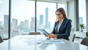 Real Estate agent providing market insights in a modern office setting, showcasing professionalism and expertise.