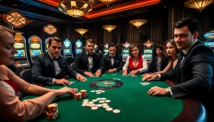 Engage in high-stakes poker at an elegant casino featuring okbay-themed decor and stylish elements.