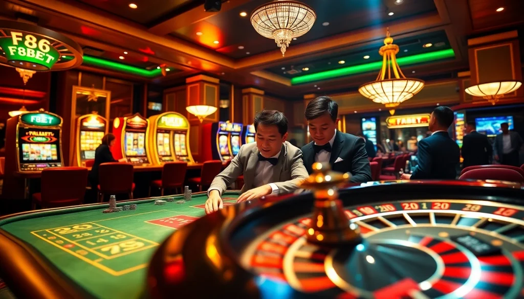 Engage in thrilling gaming with F8BET at an upscale casino showcasing vibrant slot machines and poker.