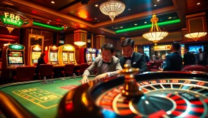 Engage in thrilling gaming with F8BET at an upscale casino showcasing vibrant slot machines and poker.