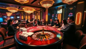 Hi88 players engaging at a luxurious casino table with poker chips and cards.