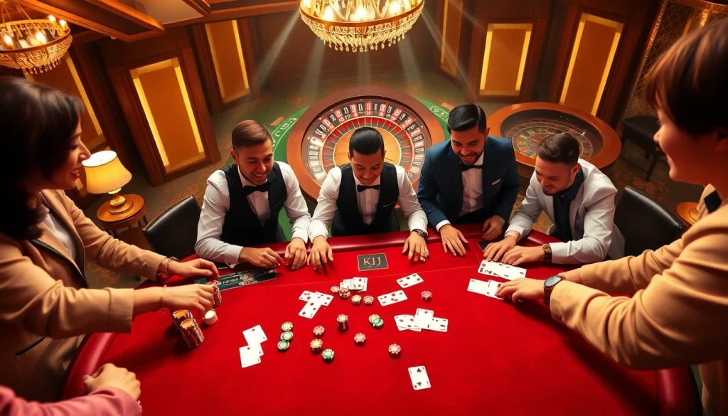 KJC players engaged at a luxurious casino table with poker chips and cards.