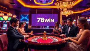 Experience the excitement of winning at 78WIN's luxurious casino, featuring vibrant gaming tables and joyful gamblers.