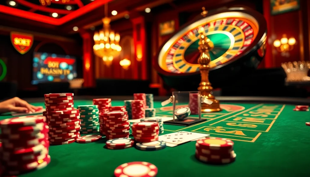 Experience the thrill of gambling with SOIBET, featuring poker games and roulette in a luxurious casino setting.