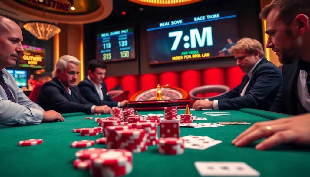 Players betting on thrilling poker games while tracking 7m soccer scores in an upscale casino.