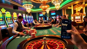 Players engaging at a blackjack table in a luxury casino while using the okbay app for betting support.