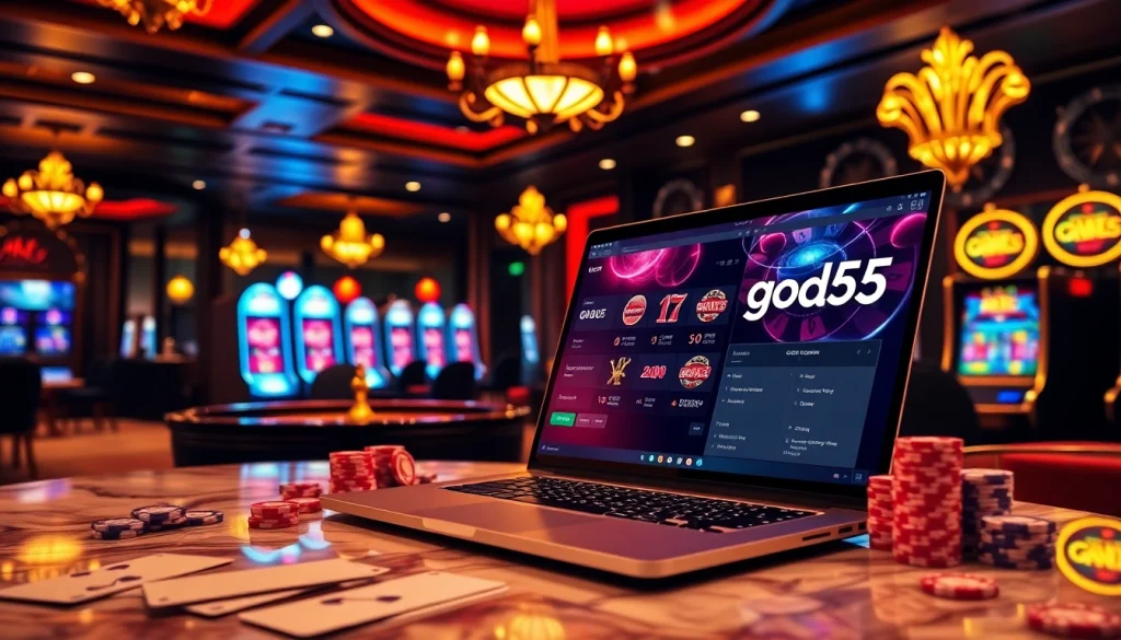 Experience thrilling gaming at god55's luxurious casino tables, featuring roulette wheels and vibrant online interfaces.