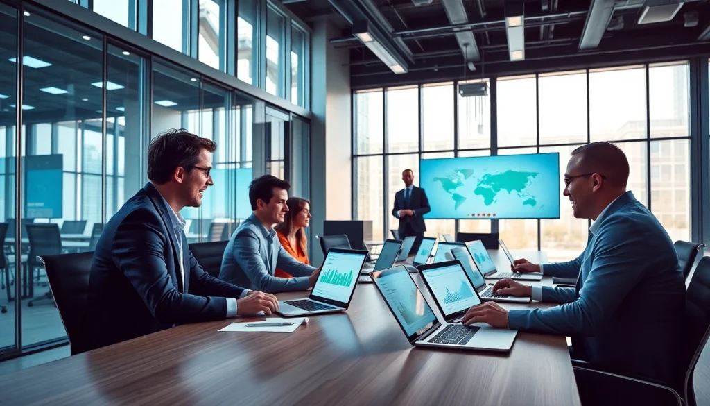 Logo ERP solutions discussed in a modern office setting with business professionals engaged in collaboration.