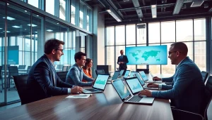 Logo ERP solutions discussed in a modern office setting with business professionals engaged in collaboration.