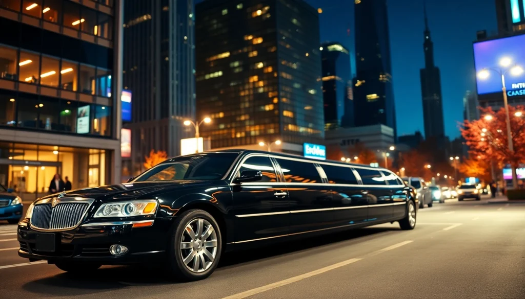 Luxury limousine service near me parked in a vibrant city street, showcasing elegance and excitement.
