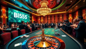 Players enjoying a thrilling poker game at Bl555 casino with vibrant colors and luxury ambiance.