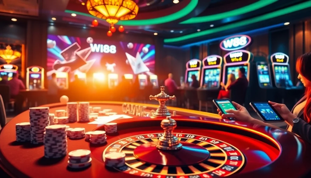 Experience the thrill of gambling with the link to W88 at a luxurious casino scene filled with excitement and winning opportunities.