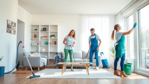 Cleaning service professionals diligently cleaning a bright and modern home environment.