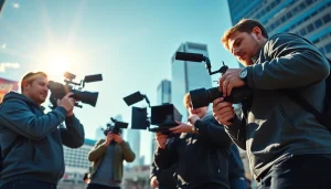 Showcase a dynamic team of a Video Production Company Calgary capturing creative content in a vibrant cityscape.
