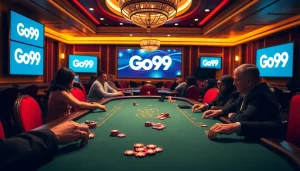 Go99 poker players engaging in high-stakes action at a luxurious casino table.
