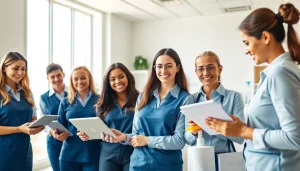 Prominent maid agency professionals collaborating in a bright, clean office to assist clients.