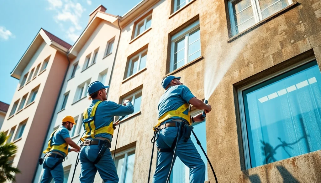 Storitev čiščenja fasade, ki prikazuje učinkovito čiščenje fasade brez poškodb površin.