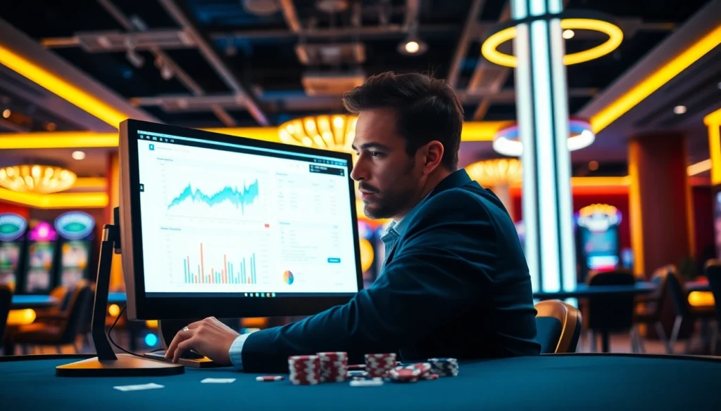 Petani toto sedang menganalisis data statistik di meja judi yang modern.