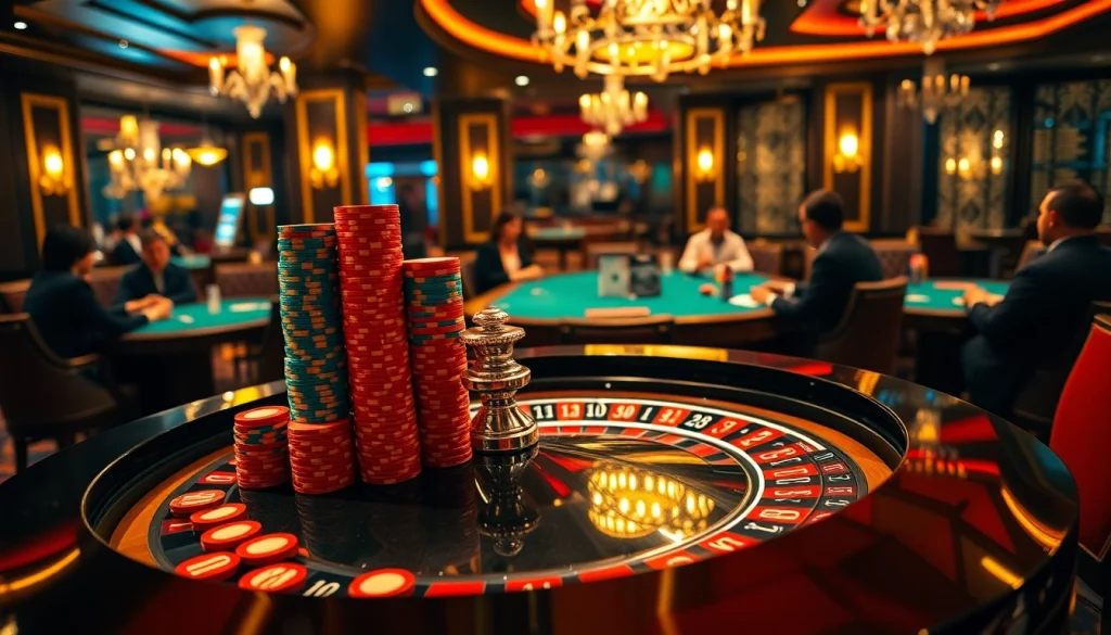 Exciting casino scene showcasing qq88 roulette and vibrant poker games.