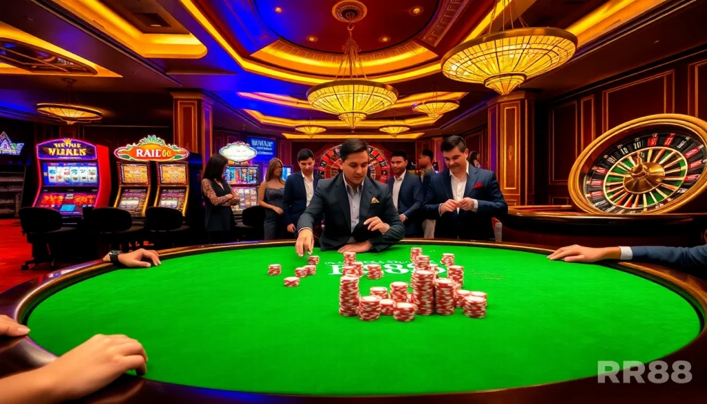 RR88 players strategizing in an upscale casino environment with vibrant gaming elements.