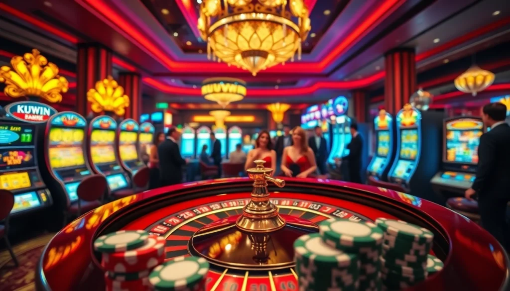 Kuwin casino scene with vibrant tables, excited players, and luxurious atmosphere for online gambling.