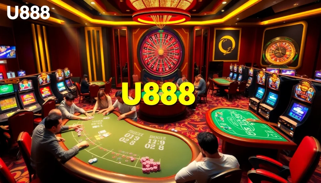 Experience the thrill of U888 at a vibrant casino featuring lively poker and blackjack games.