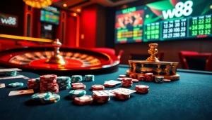 Kèo nhà cái w88 featured prominently in a vibrant casino scene with poker chips and a roulette wheel, exemplifying luxurious gambling.