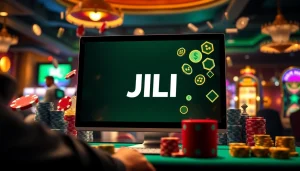 Engaging online gambling scene featuring JILI logo with vibrant poker chips and slot machine graphics.