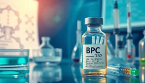 BPC 157 UK vial in a lab, showcasing its potential in bodily healing and research.