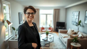 Real Estate agent inviting potential buyers into a stylish home interior.