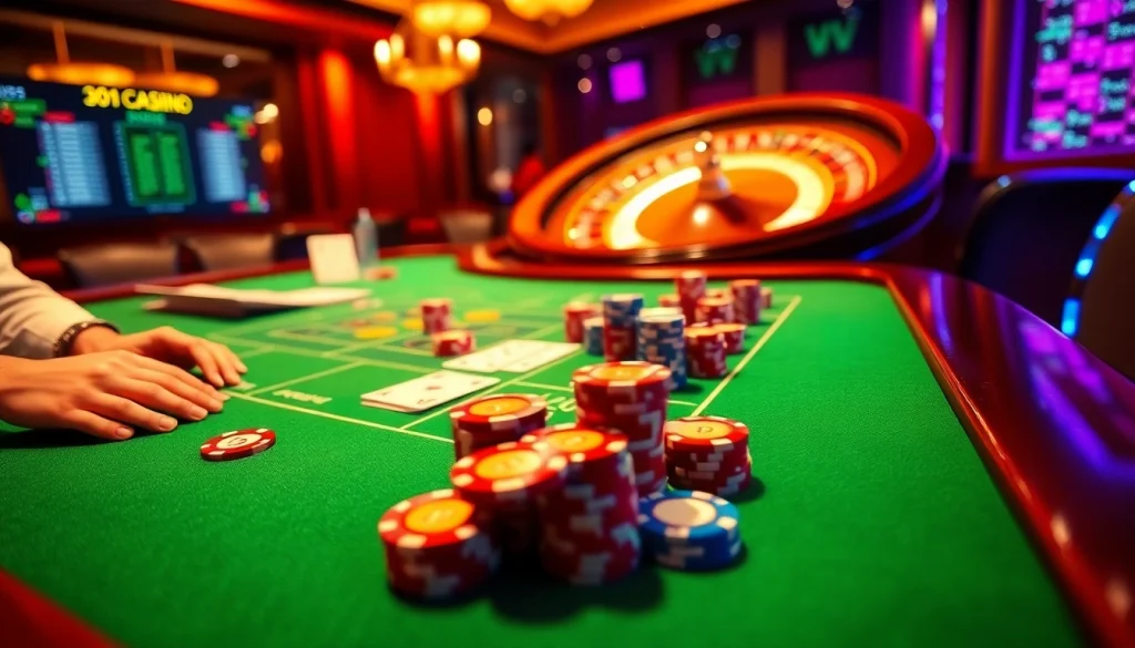 Players enjoying a thrilling game of poker at 33win casino table, showcasing vibrant chips and cards.