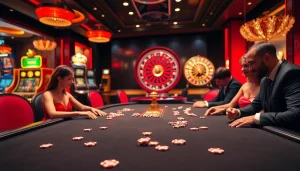Exciting gambling scene at xx88 with poker players and roulette wheel in a luxurious casino.