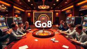 Experience the thrill of Go8 with an elegant casino scene showcasing tables, chips, and excitement.
