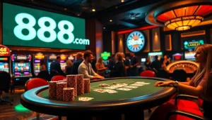 Experience excitement with 888now com at a luxurious casino table surrounded by slot machines.