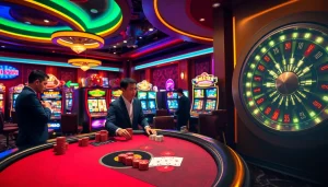 Experience high-energy gambling action at https://888new.sarl/ with a vibrant casino atmosphere featuring dealers and slot machines.