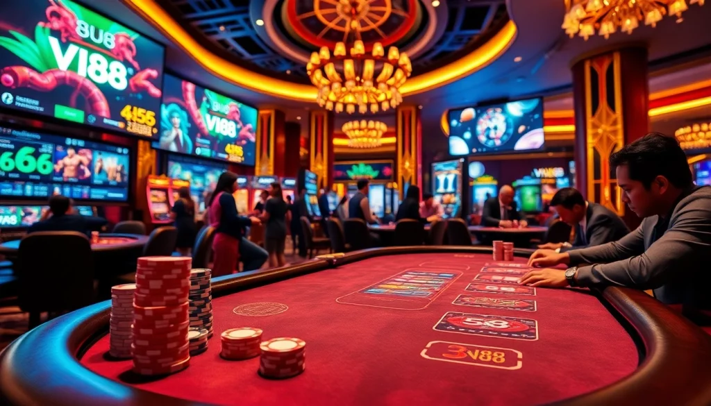 Experience the excitement of gambling at VN88 with engaging casino tables and vibrant graphics.