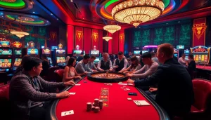 Engage in an exciting poker game at UU88's luxury casino featuring vibrant tables and dynamic lighting.