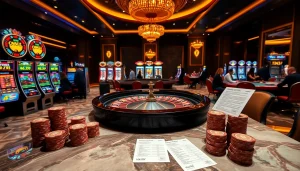 Penjudi yang terlibat di meja kasino yang meriah sedang bertaruh pada permainan Obral Toto dengan antusias.