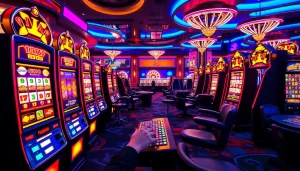 Player engaging with online slots amidst vibrant casino elements, highlighting excitement in gambling.