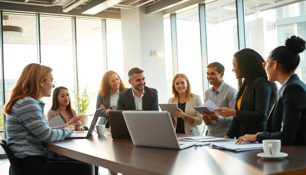 Engage in a business meeting showcasing teamwork and collaboration in a modern setting.