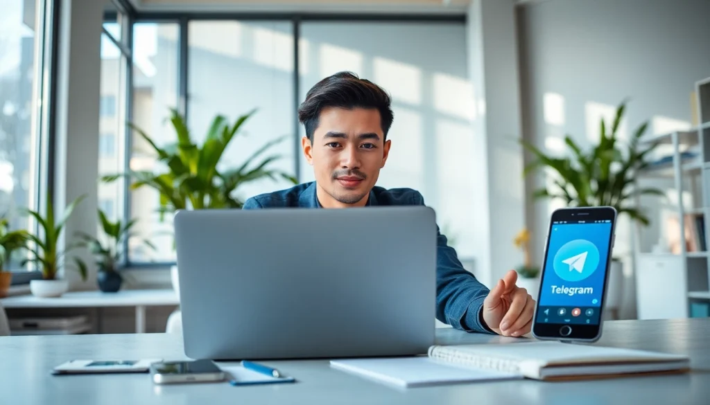 Professional using Telegram中文版 on a laptop in a bright office setting.