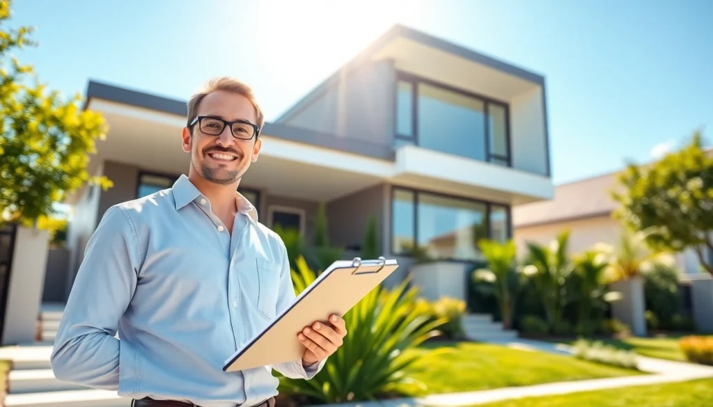 Real Estate agent showcases a modern home in a vibrant neighborhood, reflecting professionalism and approachability.